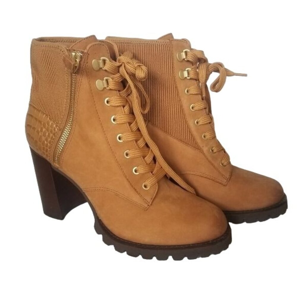 Gibson Latimer Chunky Platform Ankle Boots Sz 9 Tan Croc Embossed Block Heel Y2K